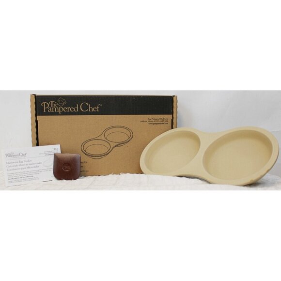 NEW The Pampered Chef Microwave Egg Cooker 1372 Stoneware Double Beige Scraper - Picture 1 of 16